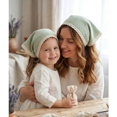Mufin Collection Anne Kız Kombin Üçgen Muslin Bandana | Dantelli – Pamuklu