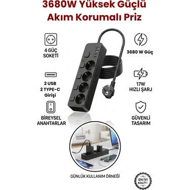 Yussraw 4 Priz + 2 USB (2 Type-C) Akım Korumalı Anahtarlı Uzatma Kablosu – 2
