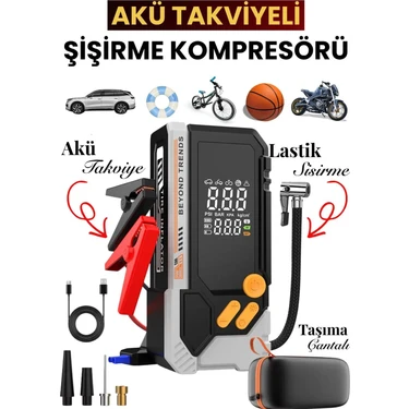 Yussraw 12.000MAH Araç Akü Şarj Takviyeli Işıklı Hava Kompresörü Akü Takviye Cihazı 4'ü 1