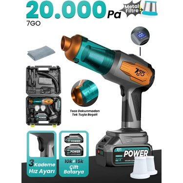 7go 7gab-03 Şarjlı Kablosuz Araç Süpürgesi Gri 20000PA Güçlü Emiş | Fırçasız Motor | Üfleme & Vakum