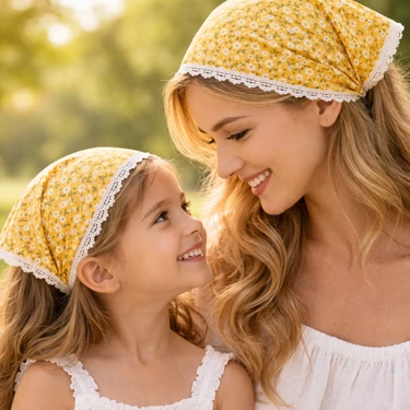 Anne Kız Kombin Bandana – Pamuklu Papatya Desenli Dantelli Bağlamalı Saç Bandı