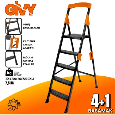 Givy Primo 4+1 Basamaklı Katlanır Merdiven | Ev Tipi Kaymaz Plastik Geniş Basamaklı 4+1