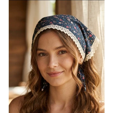 Dantel Detaylı Çiçek Desenli Pamuklu Bandana – Bağlamalı Kadın Saç Bandı / Vintage & Bohem