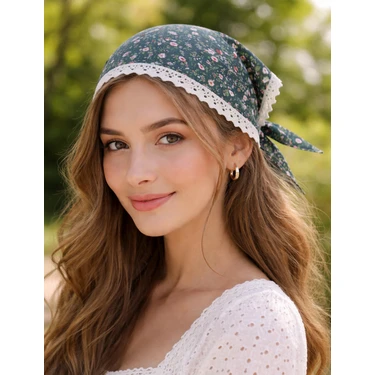Dantel Detaylı Çiçek Desenli Pamuklu Bandana – Bağlamalı Kadın Saç Bandı / Vintage & Bohem