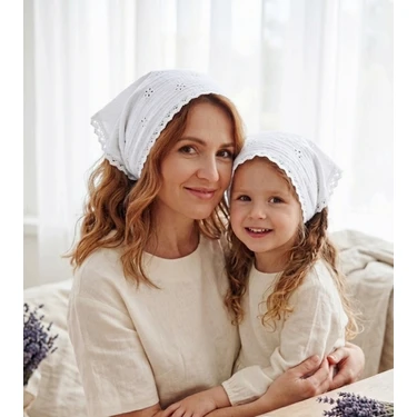 Mufin Collection Anne Kız Kombin Üçgen Muslin Bandana | Dantelli – Pamuklu