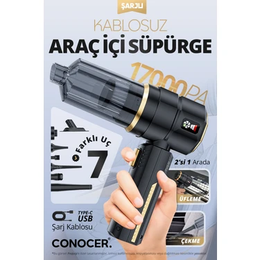 Conocer Kablosuz Şarjlı Araç Içi Süpürge | Dijital Göstergeli | 2'si 1 Arada Üfleme & Vakum |