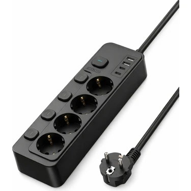 Bontec Akım Korumalı Priz, 4'lü Priz Soketi, 4x Fiş Soketi, 2x USB Girişi, 2x Type-C Girişi, Isıya