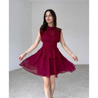 Moda Durağı Massimo Drapeli,dik Yaka,kolsuz,mini,fermuar Kapamalı,premium Kaliteli Şifon Elbise