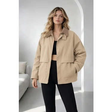 Taş Oversize Kadife Yaka ve Çıtçıt Detaylı Unisex Mevsimlik