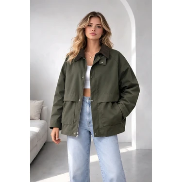 Haki Oversize Kadife Yaka ve Çıtçıt Detaylı Unisex Mevsimlik