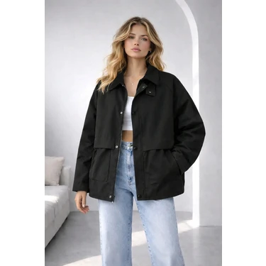 Siyah Oversize Kadife Yaka ve Çıtçıt Detaylı Unisex Mevsimlik