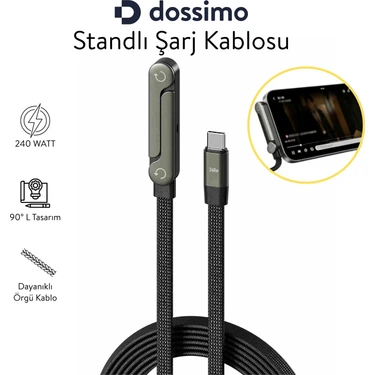 Dossimo 240W Ultra Hızlı Type-C Şarj Data Kablosu Katlanabilir Standlı 1.5m Örgülü 2 In 1