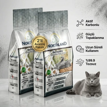 Northland Doğal Bentonit Tozsuz Aktif Karbonlu Kedi Kumu 10 Lt x 2