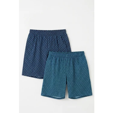 Elemge Pamuklu 2'li Erkek Pijama Şort Ince Compact Penye Lacivert & Mavi Cepli Rahat Kalıp Elastan