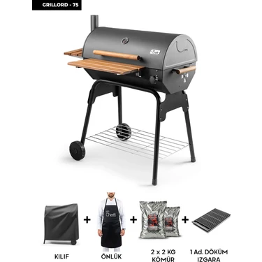 Grillord‑75 Kömürlü Barbekü (1 Adet Döküm Izgaralı) + Hediye Seti (Önlük + Kılıf + 2×2 kg