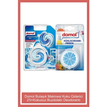 Domol Bulaşık Makinesi Koku Giderici 120 Yıkama 2x6 ml + Kokusuz Buzdolabı Deodorantı Kartuş ve