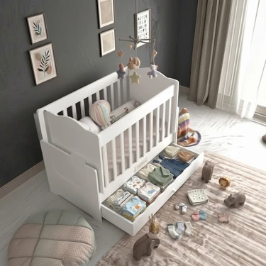 Seven Mademe Kids Club Masal Anne Yanı Beşik | %100 MDF | Çekmeceli | Sallanabilen | 50x90