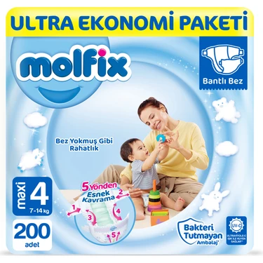 Molfix Bantlı Bebek Bezi 4 Beden 7-14 kg 200 Adet Hiper Ekonomi Paketi Rahatlık