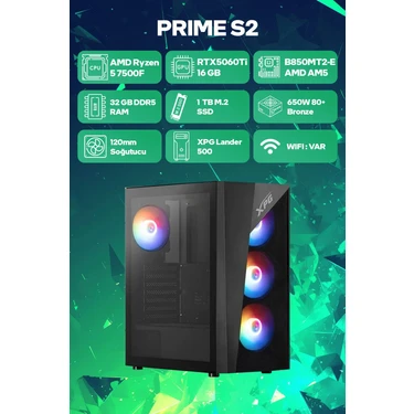 Game Garaj Prime S2 Amd Ryzen 5 7500F 32GB RAM 1TB SSD RTX5060Ti 16GB Freedos Oyuncu OEM