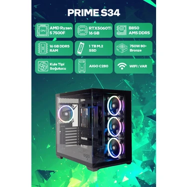 Game Garaj Prime S34 Amd Ryzen 5 7500F 16GB Ram 1tb SSD RTX5060TI 16GB Freedos Oyuncu Oem