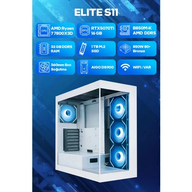 Game Garaj Elite S11 Amd Ryzen 7 7800X3D 32GB RAM 1TB SSD RTX5070Ti 360MM Sıvı Soğutma Freedos