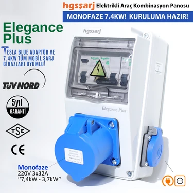 Hgsşarj Elegance Plus, Monofaze Elektrikli Araç Kombinasyon Kutusu, Tesla Blue Adaptöre Uyumlu