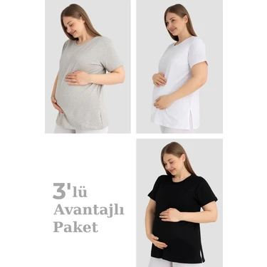Arma Yıldız Pamuklu Kısa Kollu Hamile Tişört Renkli 3'lü Paket – Yumuşak ve Rahat Hamile