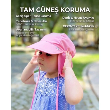 Yorni Pembe, 1-4 YAŞ, Ense Korumalı, Boyundan Bağlamalı, Arkadan Ayarlı, Çocuk Bebek Güneş Şapka,
