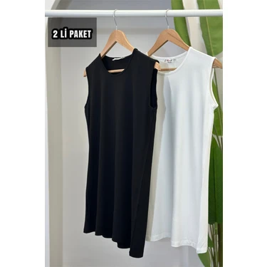 İmaj Butik 2'li Paket Siyah Beyaz Sıfır Kol Penye Içlik