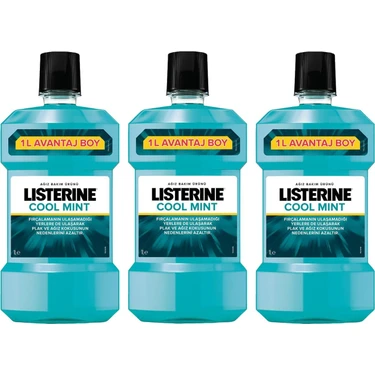 Listerine Cool Mint Ağız Gargarası 1000 ml x 3 Hacim Ferahlatıcı Etki ile Plak ve Tartar