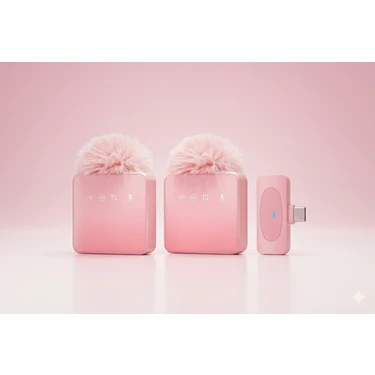 Zilvana Puffmic Pembe Tüylü Kablosuz 2'li Yaka Mikrofonu Type-C Lighting Uyumlu Canlı Yayın