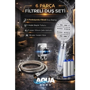 Aqua Sara 6 Parça Yüksek Basınçlı Filtreli Duş Başlığı Seti Krom Renk | 6 Modlu, 3 Yedek Filtreli,