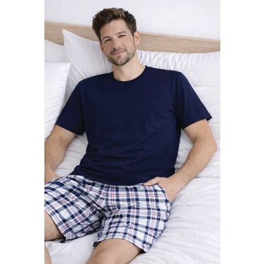 Koza İç Giyim Erkek Pamuklu Ekose Desenli Kısa Kollu Cepli Şortlu Pijama