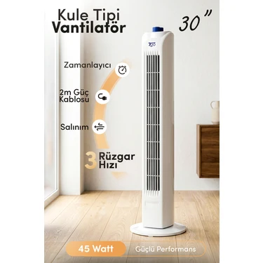 7go 7gtf1 30 Inç Kule Tipi Vantilatör | 45W Güçlü Motor, 3 Kademeli Hız, Salınımlı, Zamanlayıcılı