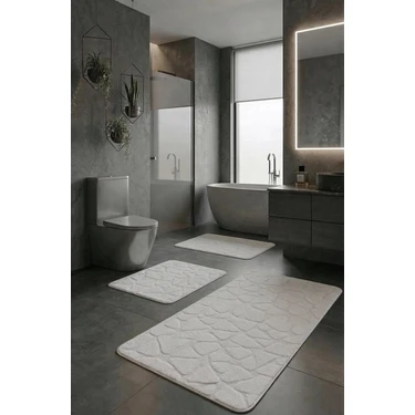 Çelebihome Beyaz Pamuk Banyo Paspası Makinede Yıkanabilir Kaymaz Taban Su Emici 3'lü Takım Banyo