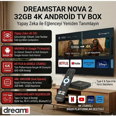 Dreamstar Nova 2 4K Lisanslı 2gb Ram -32 GB Rom,  Wi-Fi Bağlantı Özellikleri ile Android Tv