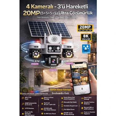 IDS 20MP 4G Solar Güvenlik Kamerası - 3 Hareketli 8K Ultra Çözünürlük ve Harekete Duyarlı