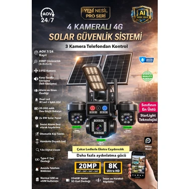 IDS 4 Kamera 20MP 8k 4g Solar Güneş Enerjili Kamera - 3 Otomatik Kamera - Yüksek Işıklı - Çakar