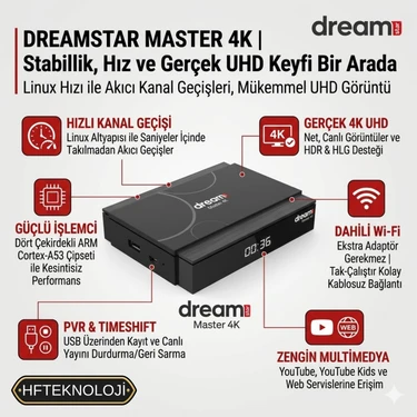 Dreamstar Arm Cortex A53 Işlemci + Linux Os + Dolby Desteği + 5000 Kanal Hafıza ,master 4K Uydu