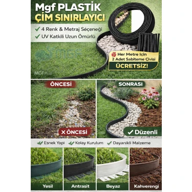 Mgf Plast Mgf YEŞİL Çim Ayırıcı | Esnek Çim Sınırlayıcı Peyzaj Bordürü Taş Toprak Ayırma Bariyeri +