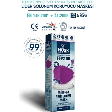 Musk KF94 FFP2 Maske 10 Adet Mor Renkli Ergonomik Tasarım ile Nefes Alabilir