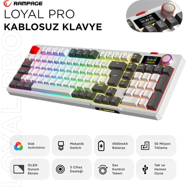 Rampage Loyal Pro Beyaz/gri 3 Bt + 2.4 IPS Ekranlı Red Switch Rgb Mekanik Kablosuz