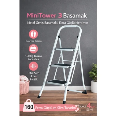 Ertekpa Minitower 3 Basamaklı Metal Merdiven - Ekstra Güçlü 160 kg Kapasiteli