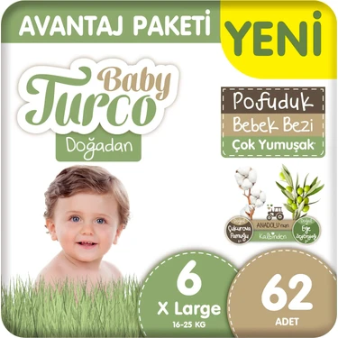 Baby Turco Doğadan Avantaj Paketi Pofuduk Bebek Bezi 6 Numara Xlarge 62