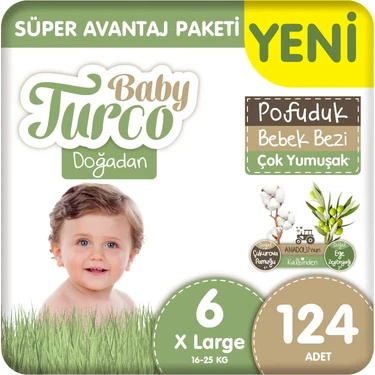 Baby Turco Doğadan Süper Avantaj Paketi Pofuduk Bebek Bezi 6 Numara Xlarge 124