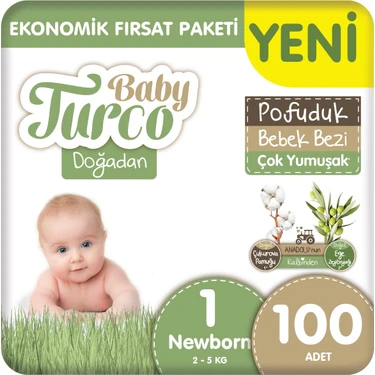 Baby Turco Doğadan Ekonomik Fırsat Paketi Pofuduk Bebek Bezi 1 Numara Newborn 100
