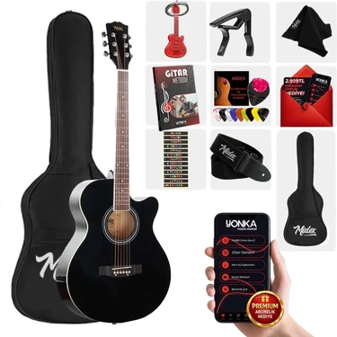 Midex XC-200BK Kesik Kasa Siyah Akustik Gitar 4/4 Yetişkin Üst Segment (Gigbag Çanta Tuner Capo