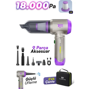 7go 7gab-02 Kablosuz Araç Içi Süpürge | 18.000PA Güçlü Emiş | Fırçasız Motor | 6000MAH Batarya |