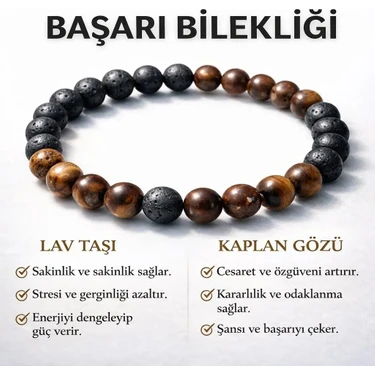 Efulim Doğaltaş Başarı Bilekliği, Lav Taşı & Kaplangözü Kombin Bileklik, El Yapımı Unisex Doğal Taş