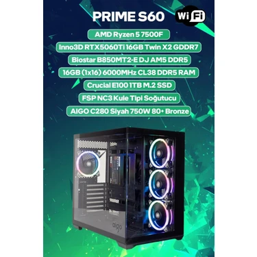 Game Garaj Prime S60 Amd Ryzen 5 7500F 16GB Ram 1tb SSD RTX5060TI 16GB Freedos Oyuncu Oem